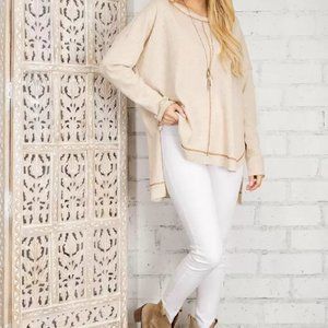 SOLID WAFFLE WITH CONTRAST STITCH DETAIL PLAYABLE BOATNECK HI-LOW HEMLINE LONG S